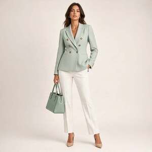 Zara Double Breasted Blazer Women's Size L Mint Aqua Gold Buttons